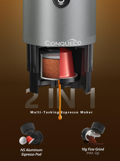 CONQUECO Self-Heating Portable Espresso Machine: Travel Coffee Maker with 13500mAh Battery - 12v Small Electric Fast Heating - Set for Ground Coffee & NS Capsule for RV, Car, Hiking, Office, Camping