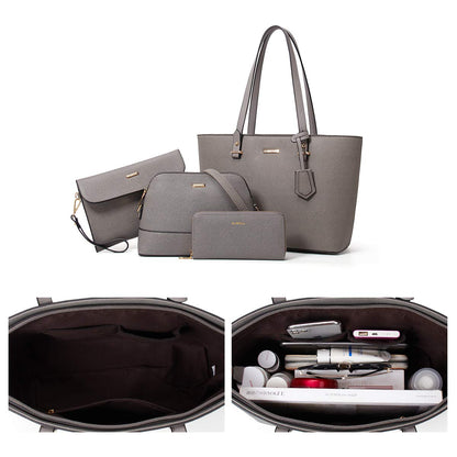 Women Fashion Synthetic Leather Handbags Tote Bag Shoulder Bag Top Handle Satchel Purse Set 4pcs, Grey