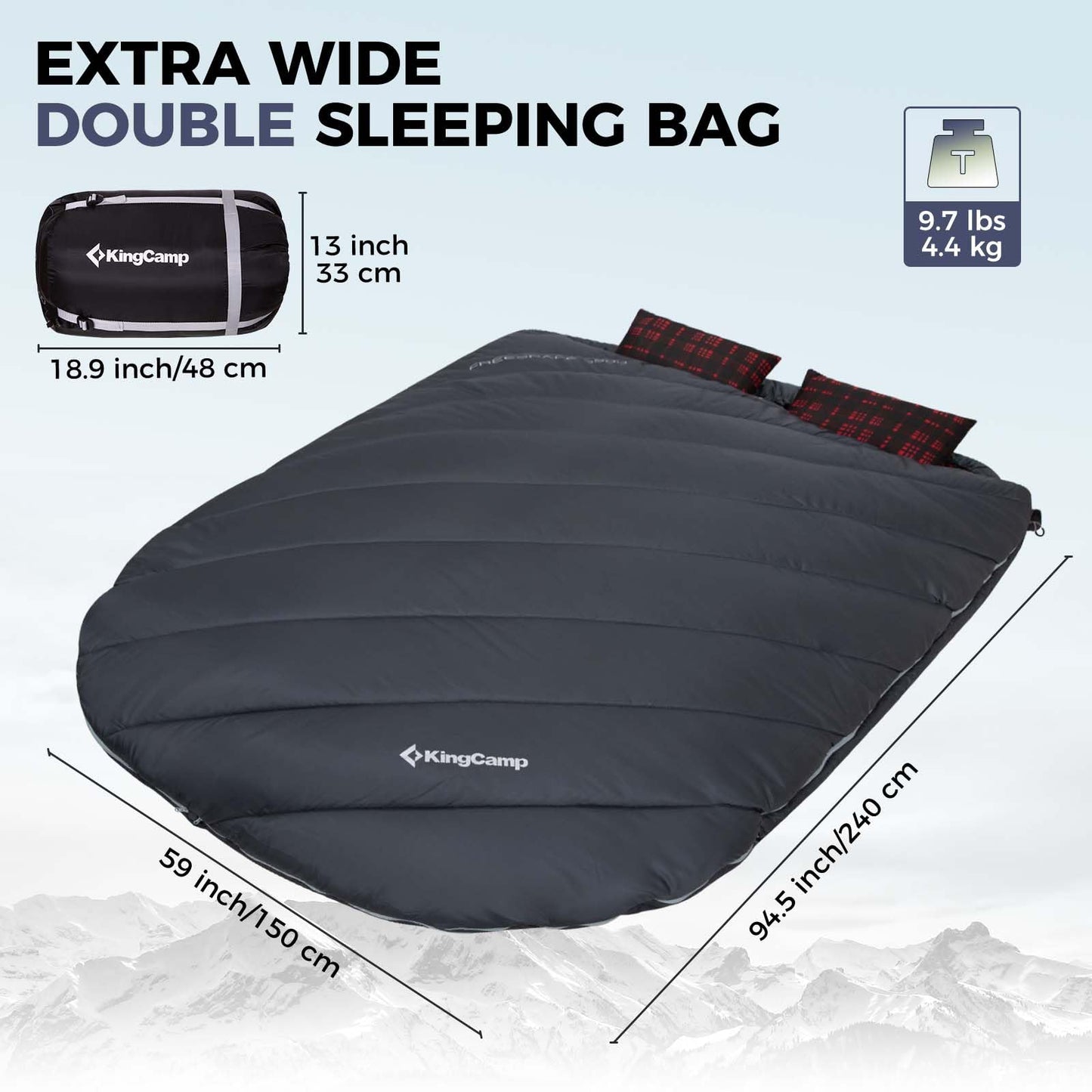 KingCamp Double Sleeping Bag for Adults, Queen Size 2 Person XXL Flannel Sleeping Bag, Lightweight Waterproof with 2 Pillows & Compression Sack for Couples & Family Camping Hiking, Grey