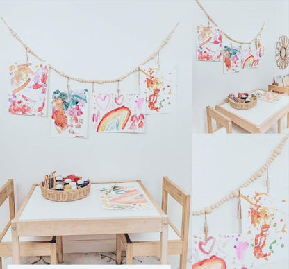 2PCS Hanging Photo Display Wall Decor,Boho Wooden Bead Garland Picture Hanging String with Clips for Dorm, Bedroom, Living Room, Office Cubicle Decor, Art Display Hangers for Artwork