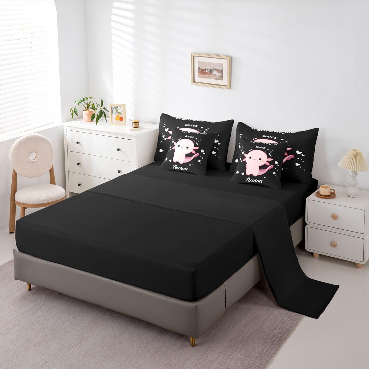 Erosebridal Love Heart 7 Piece Bedding Set King Axolotl Comforter Set with Sheets Cute Pink Salamander Girly Kawaii Bed in a Bag Axolotl Cartoon Animal Pattern for Kids Boys Girls