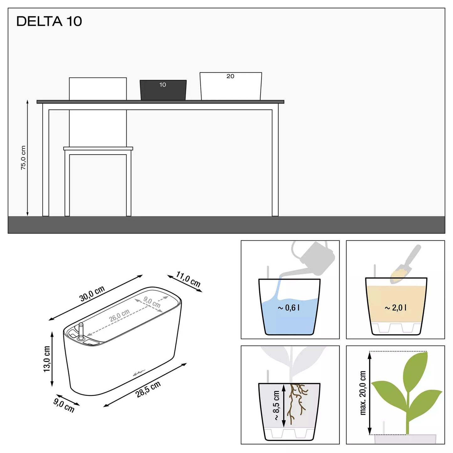 Lechuza Delta 10 Self Watering Plant Pot, White High Gloss, 30 cm