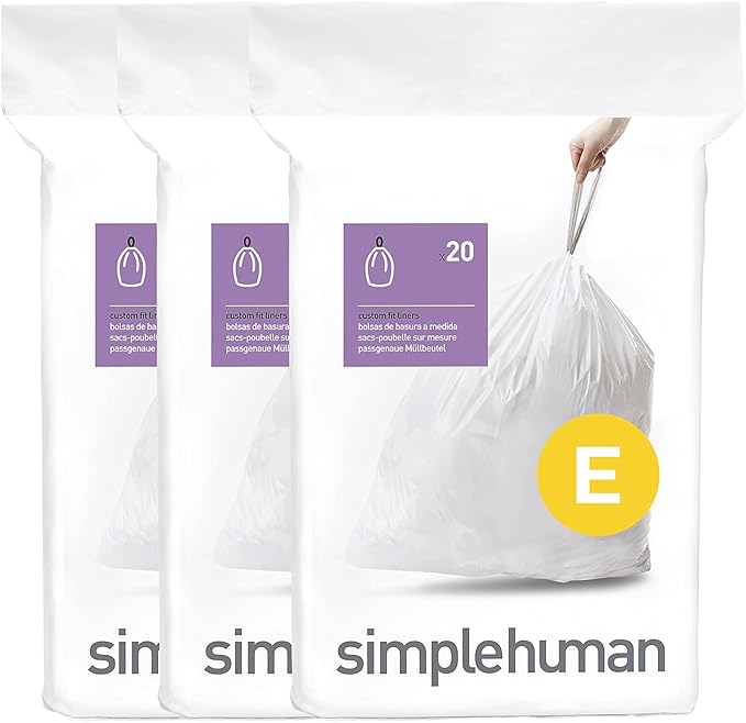 simplehuman Code E 60 Count, Dispenser Pack Custom Fit Liners, Drawstring Trash