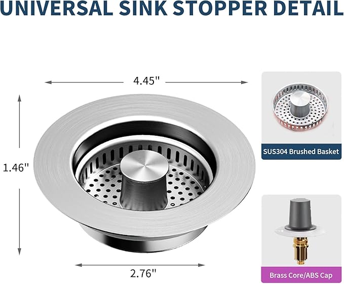 3-in-1 Kitchen Sink Drain Strainer Stopper – 304 Stainless Steel Pop Up Sink