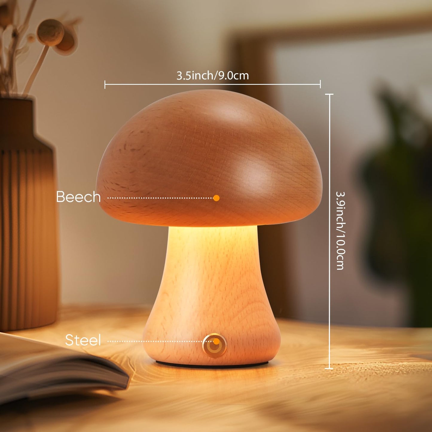 LONRISWAY Creative Wood Mushroom Table Lamp, Portable Cordless Small Lamp, Rechargeable Battery Operated Lamp,Stepless Dimming, Night Light for Birthday Gifts, Creative Home Decor Unique House Gift