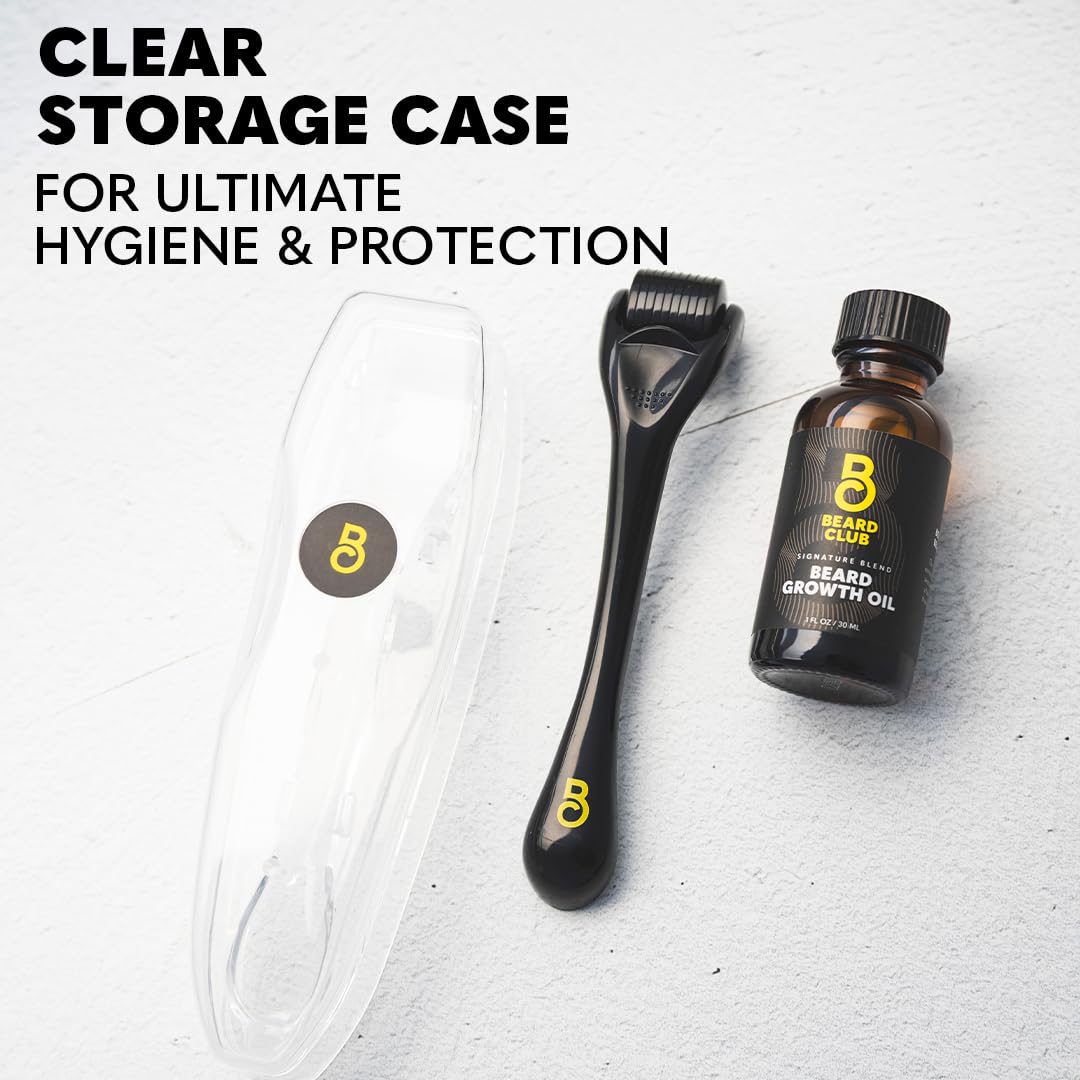 Beard Club Premium Derma Roller & Beard Growth Oil - Microneedling Roller with 540 Titanium Microneedles for Face, Body and Scalp - Beard Roller with Sandalwood & Cedar Beard Oil