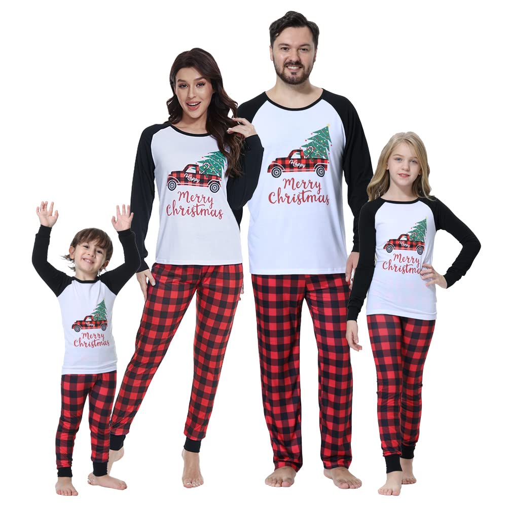 YIJIU Matching Family Pajamas Sets Christmas PJ's Sleepwear Long Sleeve Truck Print Top with Plaid Pants,White Truck,Women-XXL