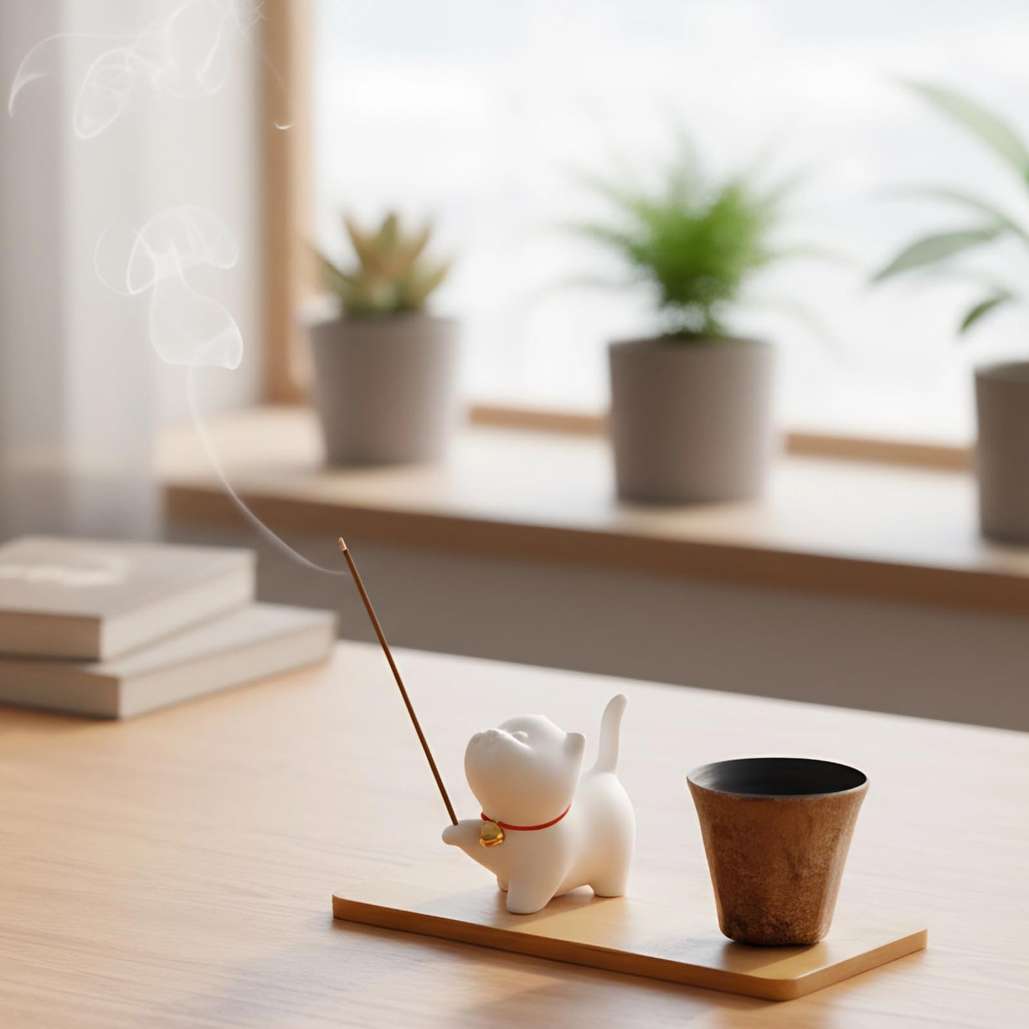 Upgraded Package Incense Holder Handmade Ceramic Cat, Incense-Stick Holder with Sticks, Bamboo Mat and Brass Incense Stand, Cute Cat Insence Burner Holder for Meditation Yoga Massage Home Decor Gift
