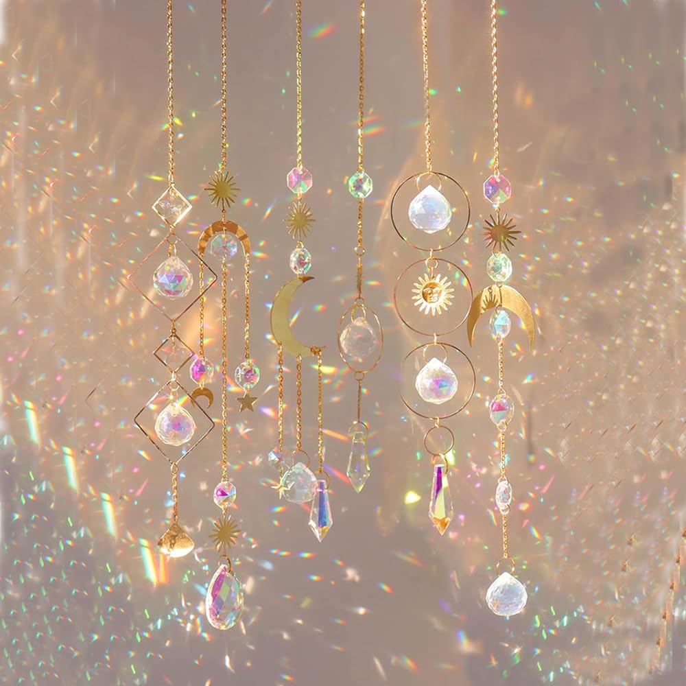 6PCS AB Crystal Suncatcher Hanging Sun Catcher with Chain Rainbow Maker Pendant Crystal Balls Prism for Window Home Garden Christmas Party Wedding Decoration