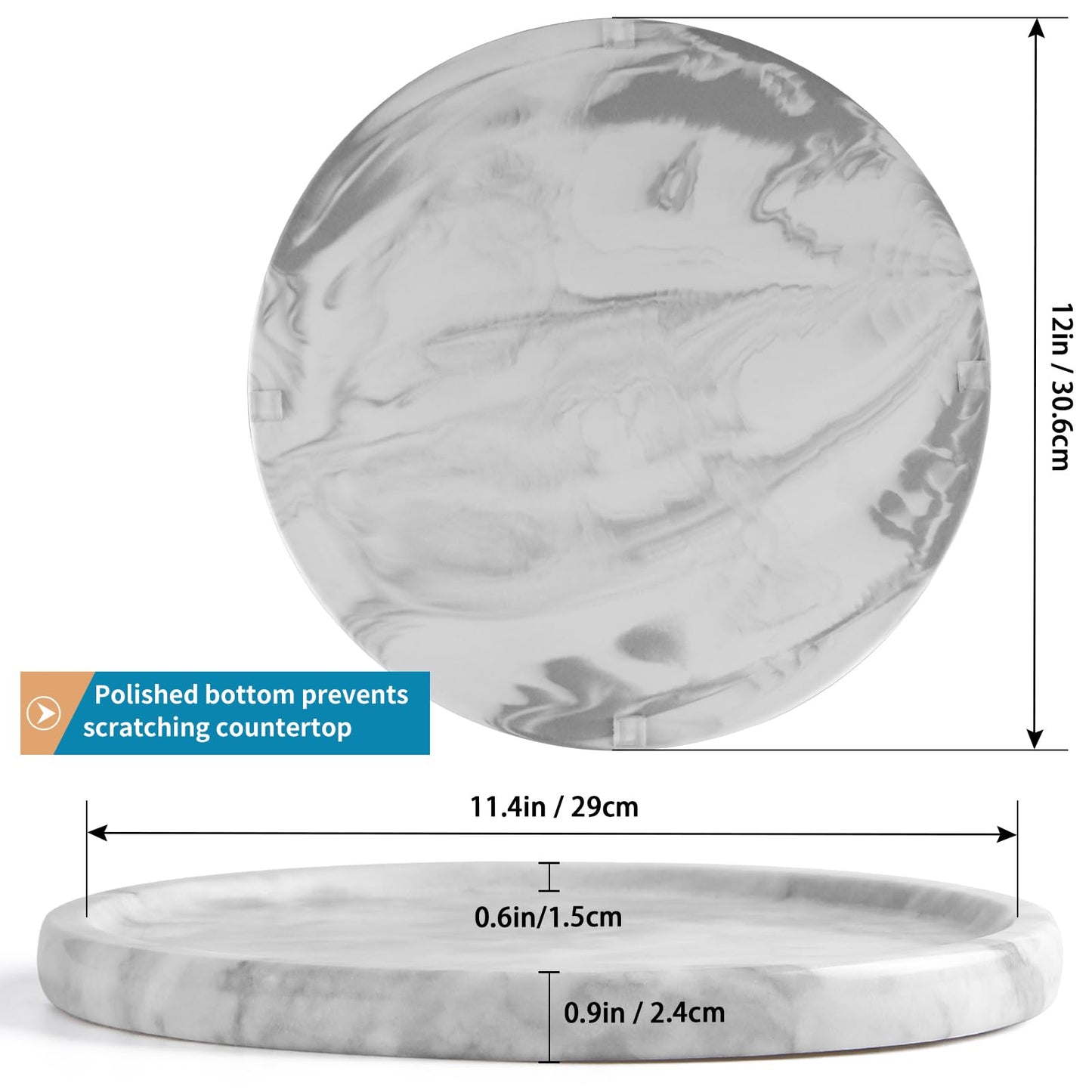 Sanbege 12" Large Ceramic Vanity Tray, Circle Perfume Plate Organizer, Jewelry Holder Dish, Non Slip Decorative Tray for Bathroom, Bedroom, Kitchen, Coffee Table (Marble Grey)