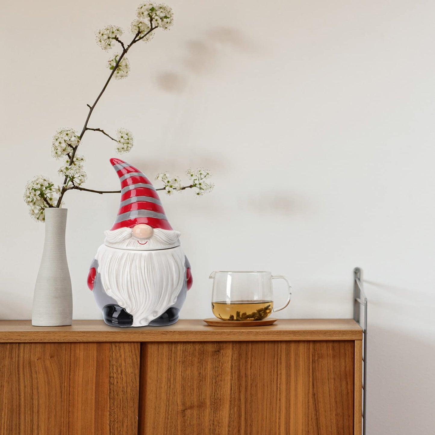 DOITOOL Ceramic Gnome Cookie Jar, Ceramic Christmas Candy Cookie Jar with Lid, for Christmas Decoration, Living Room, Centerpieces, Bedroom - 4.7 x 4.7 x 6.9 inch