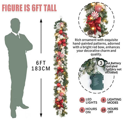prelit 6ft Christmas Garland with 25 LED Lights with Timer, prelit red White Garland with Plenty Hand-Painted Ornaments,Festive Lighted Winter Decor for Front Door, Mantel, Stair & Fireplace