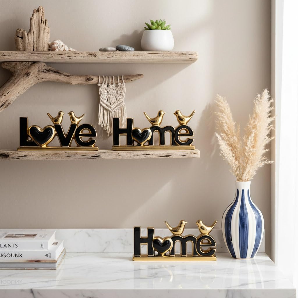 GAOSHENG Ceramic Love & Home Sign Decor with Bird Statues Set 2,10" Modern Black Gold Tabletop Sculptures for TV Stand,Floating Shelf & Entryway,Romantic Wedding & Warm Housewarming Gift Set (Black)