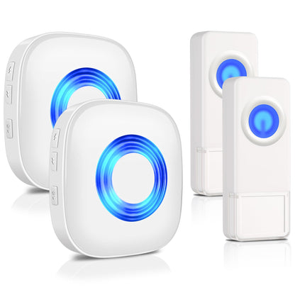 Wireless Doorbell, PHYSEN Waterproof Door bell Chime Kit Operating at 1300-ft Range 58 Adjustable Melodies 5 Volume Levels & LED Flash, Doorbell Alarm for Home/Classroom, 2 Push Buttons+4 Receivers