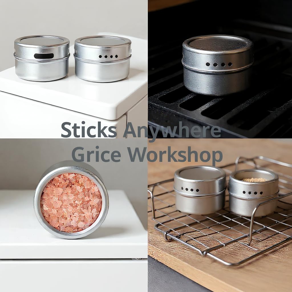 Magnetic Spice Jars with Lid - 4 Pack Stainless Steel, Strong Hold for Fridge & Grill, Adjustable Sprinkle, Easy Refill (Silver)