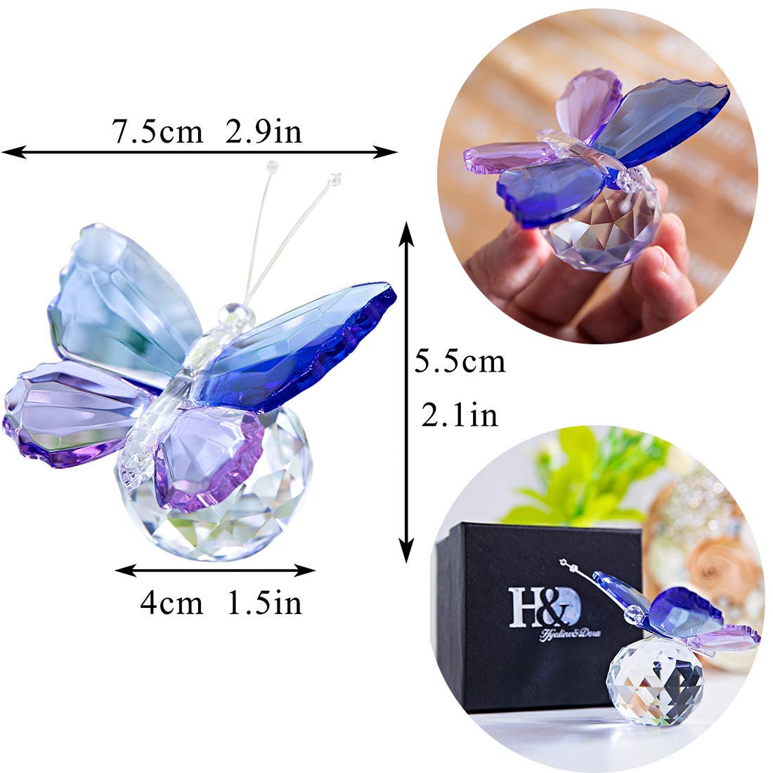 H&D HYALINE & DORA Handmade Butterfly Design Crystal Animal Figurine Collection Paperweight Gift