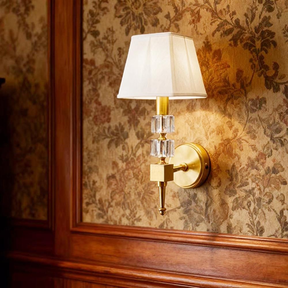 SHINELIGHTAN Brass Cube Crystal Sconce with Fabric Lampshade 1 Light Wall Lighting Modern Wall Mounted Lamp for Living Bedroom Room Light Fixture