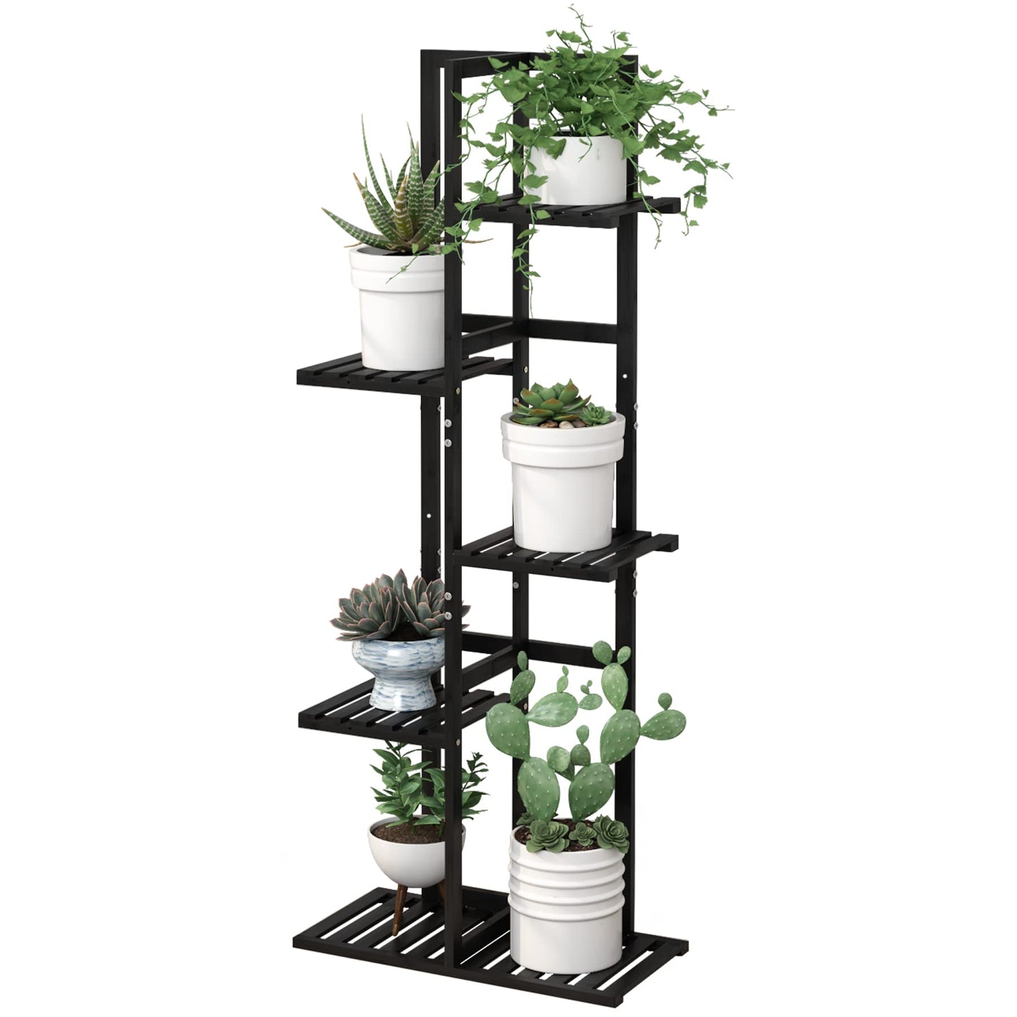 Laiensia 5 Tier Bamboo Plant Stand Rack 6 Potted Multiple Flower Pot Holder Shelf, Indoor&Outdoor Planter Display Shelves for Patio Garden, Living Room, Corner Balcony and Bedroom,Black