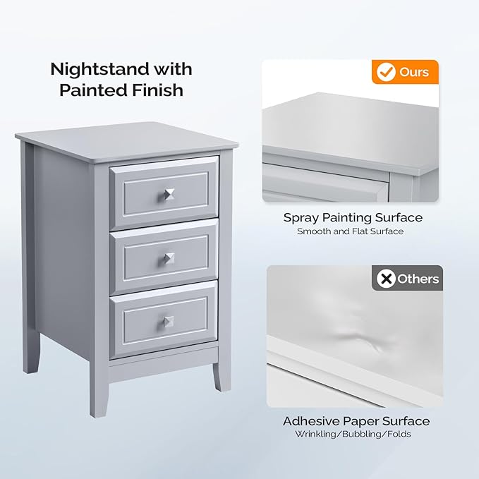Bonnlo Gray Nightstands Set of 2, 3 Drawer Nightstand, Modern Night Stand