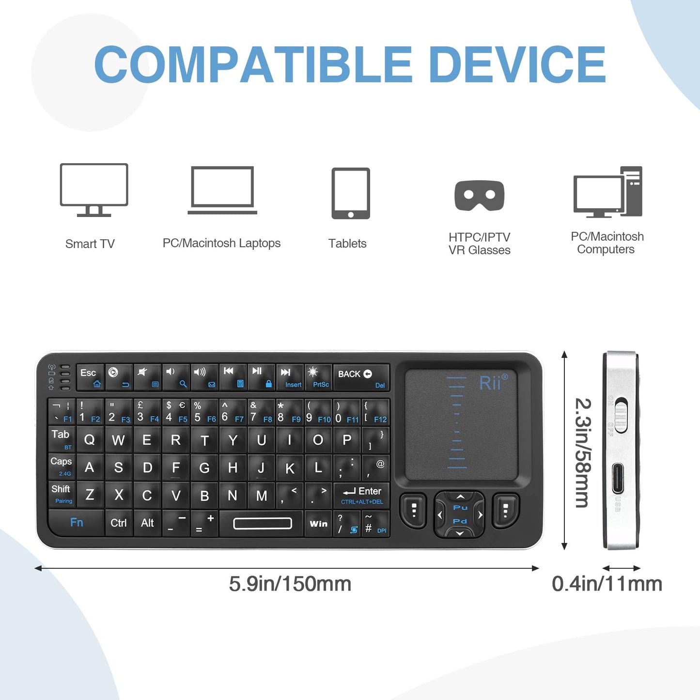 Rii Mini Wireless Keyboard with Trackpad, IR Remote, Small Keyboard for Home Entertainment, Smart TV, Mac, Laptop, Windows, Tablet, Projector (2.4G+Bluetooth, Rechargeable, Backlit)