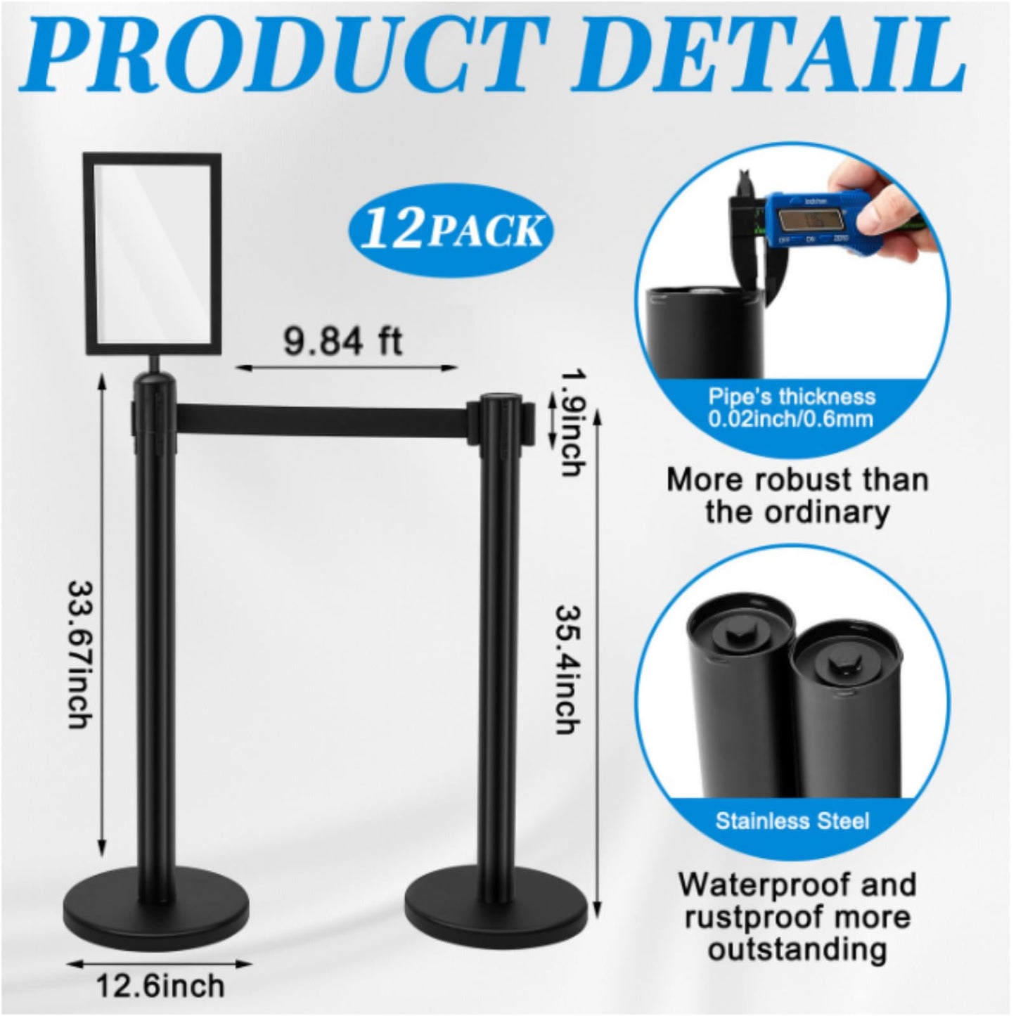 Geelin 12 Pack Heavy Duty Crowd Control Stanchions Stainless Steel Stanchion Set with Safety Barrier Post with Retractable Belt and Sign Holder Crowd Control Barrier (9.8ft,Black)