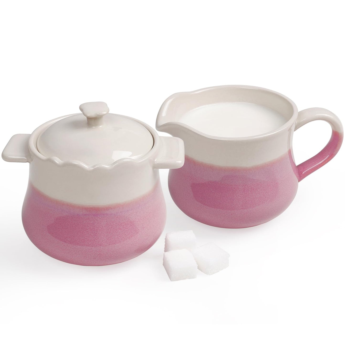 INGOFIN Ceramic Sugar and Creamer Set, 2-Piece French Style Cream Pitcher and Sugar Bowl with Lid, Coffee and Tea Serving Set for Home Kitchen, Microwave & Dishwasher Safe, Pink and Beige