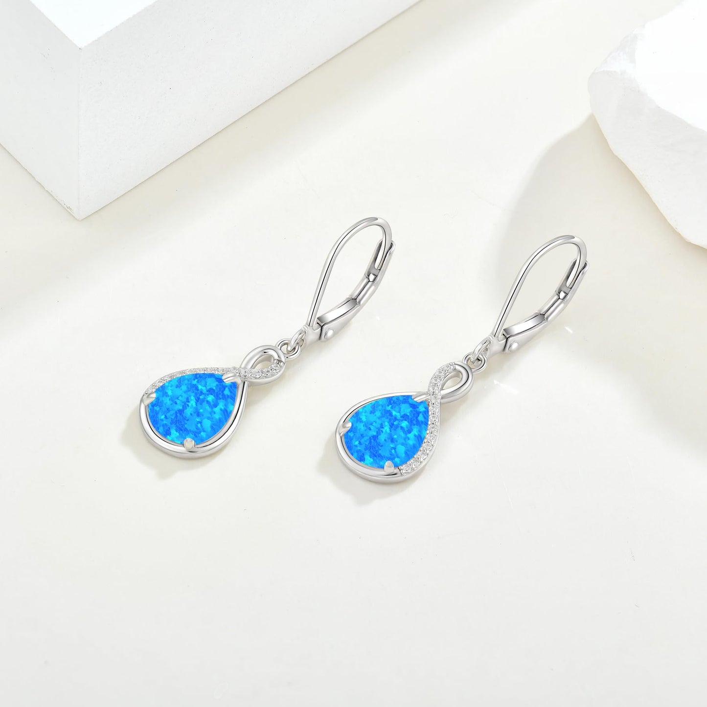 FYNSBLE Blue Opal Earrings for Women Sterling Silver Infinity Opal Dangle Drop Leverback Earrings Hypoallergenic Jewelry for Women