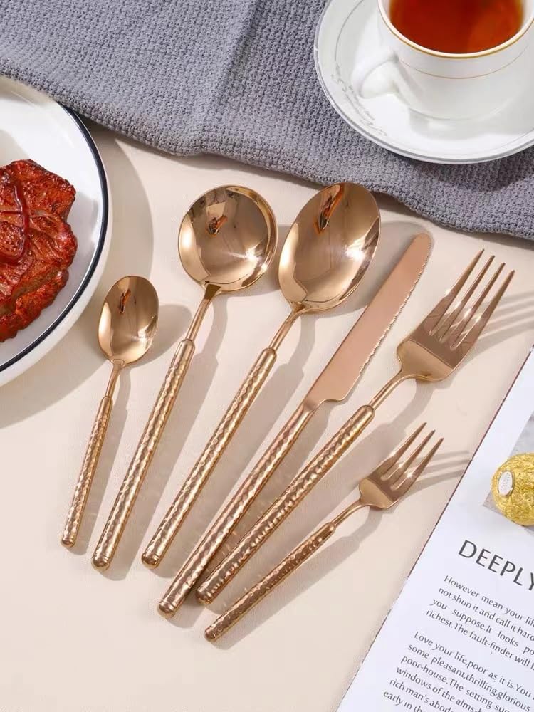 24pcs Rose Gold Silverware Set Cutlery Flatware Set for 4 Utensils Sets Stainless Steel Flatware Sets Premium Spoons And Forks Set Kitchen Restaurant Banquet Wedding Christmas, Hammered Handle