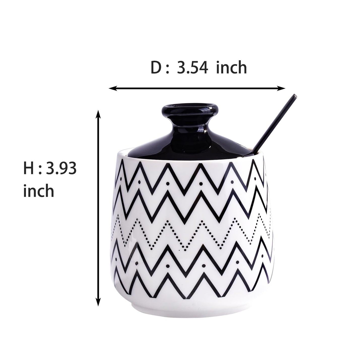 Cerficer Ceramic Sugar Bowl with Lid and Spoon, Decorative Sugar Jar for Coffee Bar, Modern Black Chevron Zigzag Pattern Salt Cellar, Chic Kitchen Storage or Decor