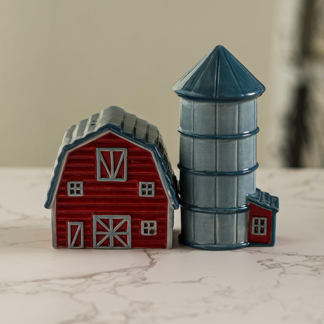 Pacific Giftware Ceramic Country Style Barn and Silo Salt and Pepper Shakers Set Farmhouse Kitchen Table Decor Rustic Red Barn Design Collectible Novelty Gift 2.2"H
