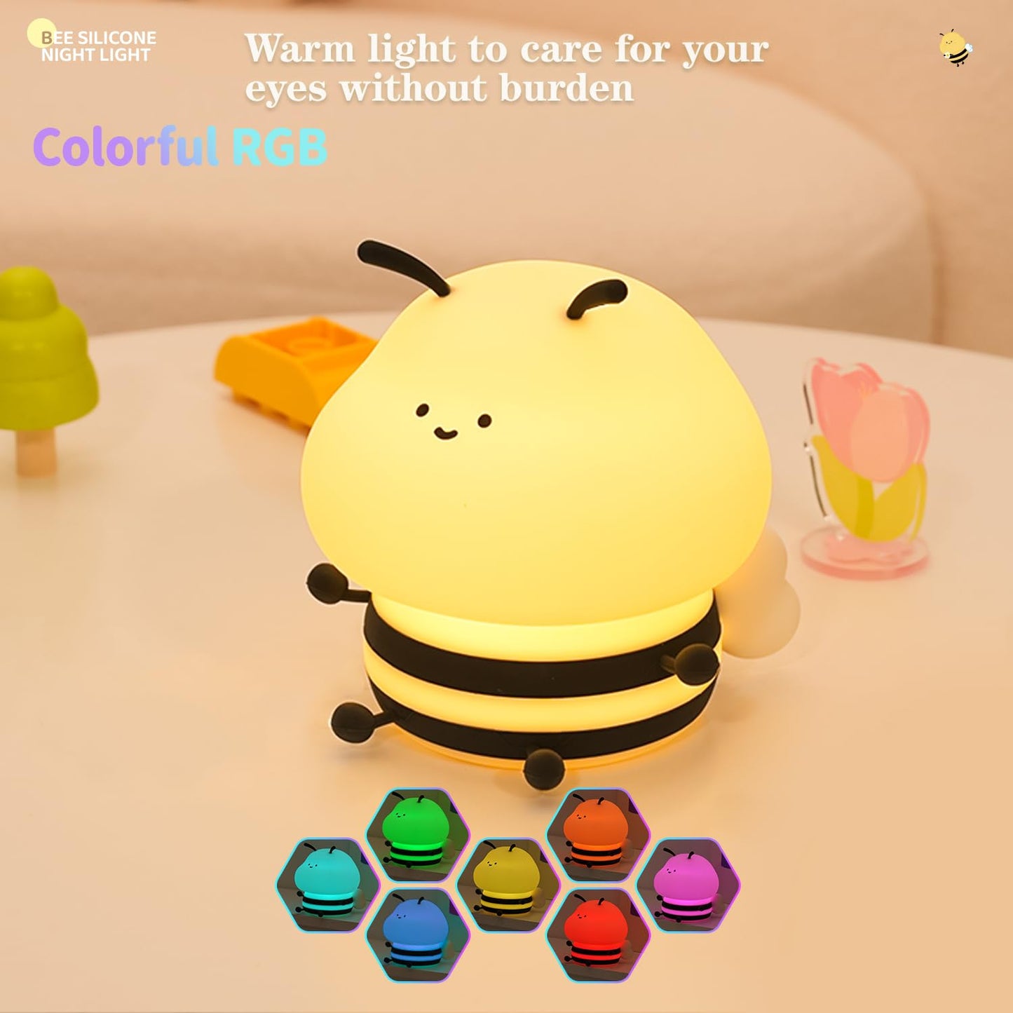 Bestfaith Cute Bee Kids Night Light, LED Squishy Night Lamp, Dimmable Nursery Nightlight for Kids, Rechargeable Timer Touch Lamp, Dorm Decor, Funny Gifts (Bee)