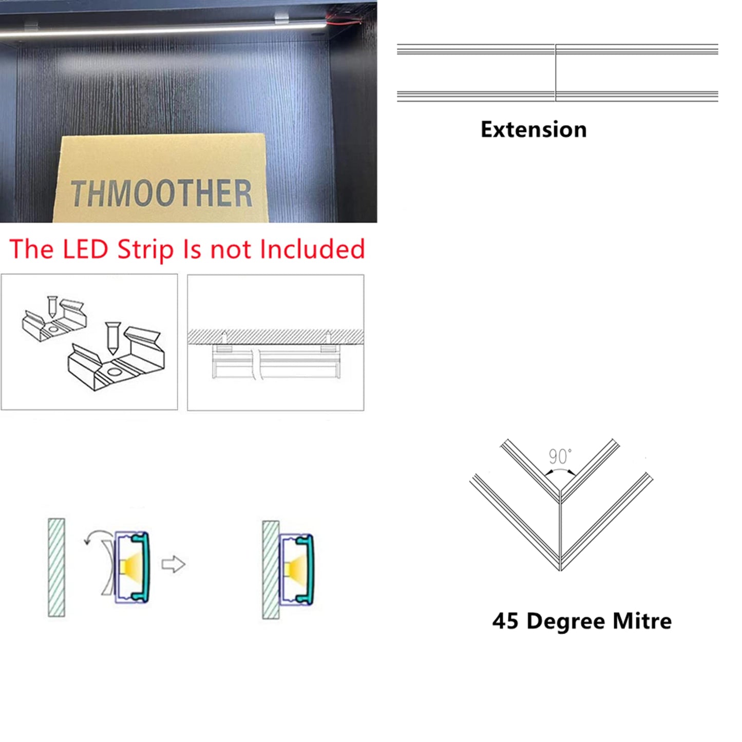 THMOOTHER 6-Pack 16-Inch U Shape Surface Mounted LED Strip Black Channel with Anti UV Diffuser - Versatile Lighting Solution for Elegant Ambiance and Enhanced Illumination