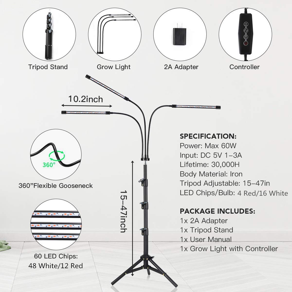 GHodec Grow Light with Stand, 60 LED 5500K Full Spectrum Floor Plant Light for Indoor Plants Growing,5 Dimmable Levels & Auto On/Off Timer,Tripod Stand Plant Lamp Height Adjustable