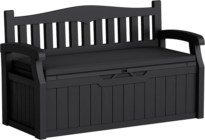 Greesum 80 Gallon Heavy-Duty Outdoor Storage Bench with Cushion, UV-Resistant Resin Bench with Armrest, Deck Box for Garden, Poolside, Patio, Black