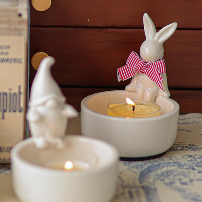 WARMCITY Handmade Animal Candle Holder, Lovely Kitten Canlestick Holder, Cartoon Figures Warming Its Paws Cute Light Holder for Candle Lovers- Candle NOT Included (Rabbit White)
