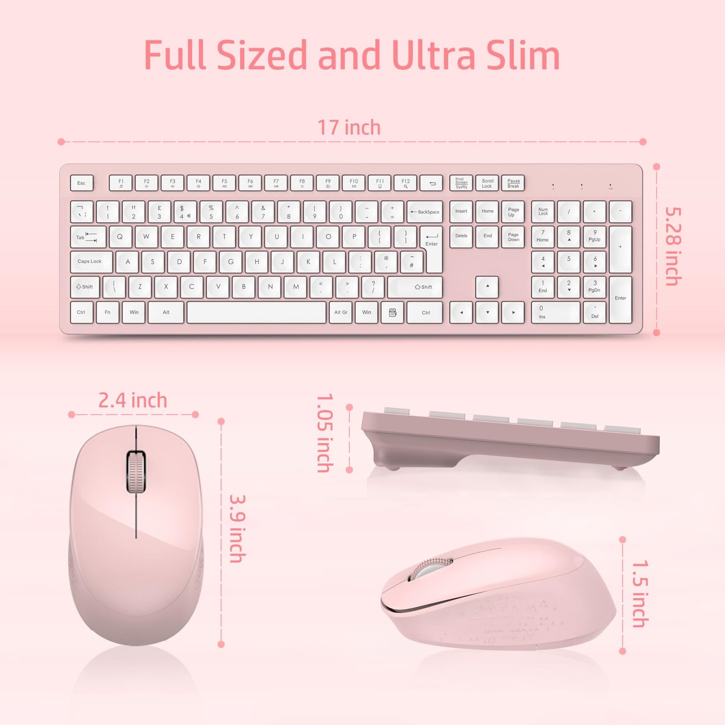 LeadsaiL Wireless Keyboard and Mouse Set, 2.4GHz USB Computer Keyboards and Mouse Combo, Ergonomic Design with 12 Multimedia Shortcuts for HP/Lenovo Laptop and Mac-Pink