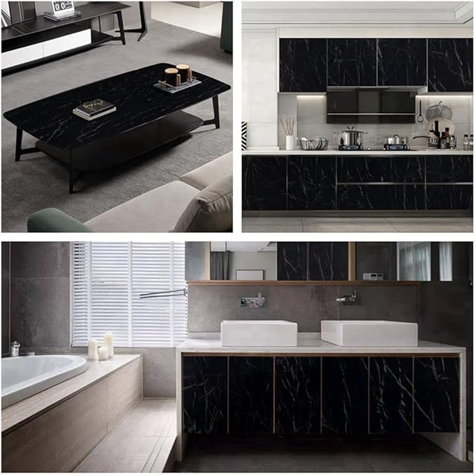 Arthome Black Marble, 17x393 Inches Peel and Stick Wallpaper, Marble Contact