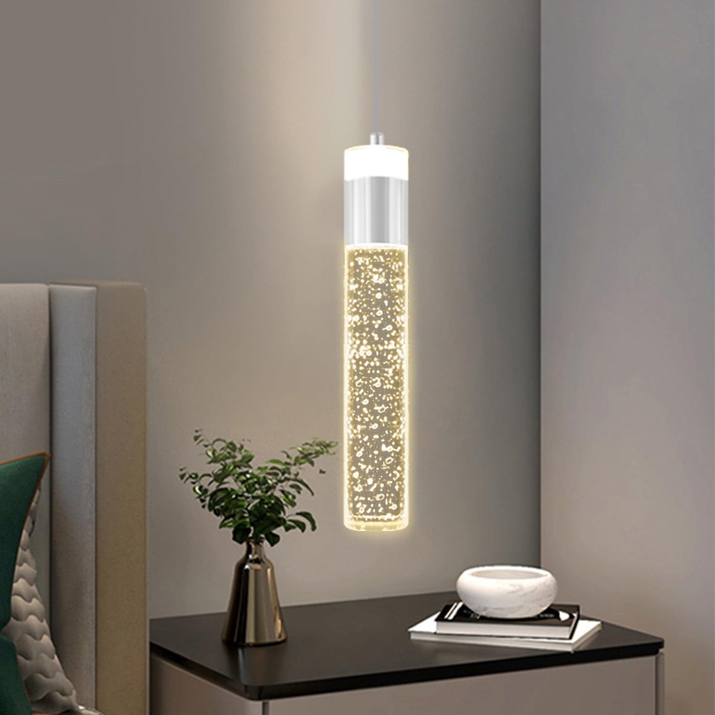 IDEQUY Modern LED Chrome Crystal Pendant Light Kitchen Island, Bedroom Bedside Hanging Ceiling Lamp with Crystal Bubble Column, Dimmable 3000k-6000k 1-Light Independent