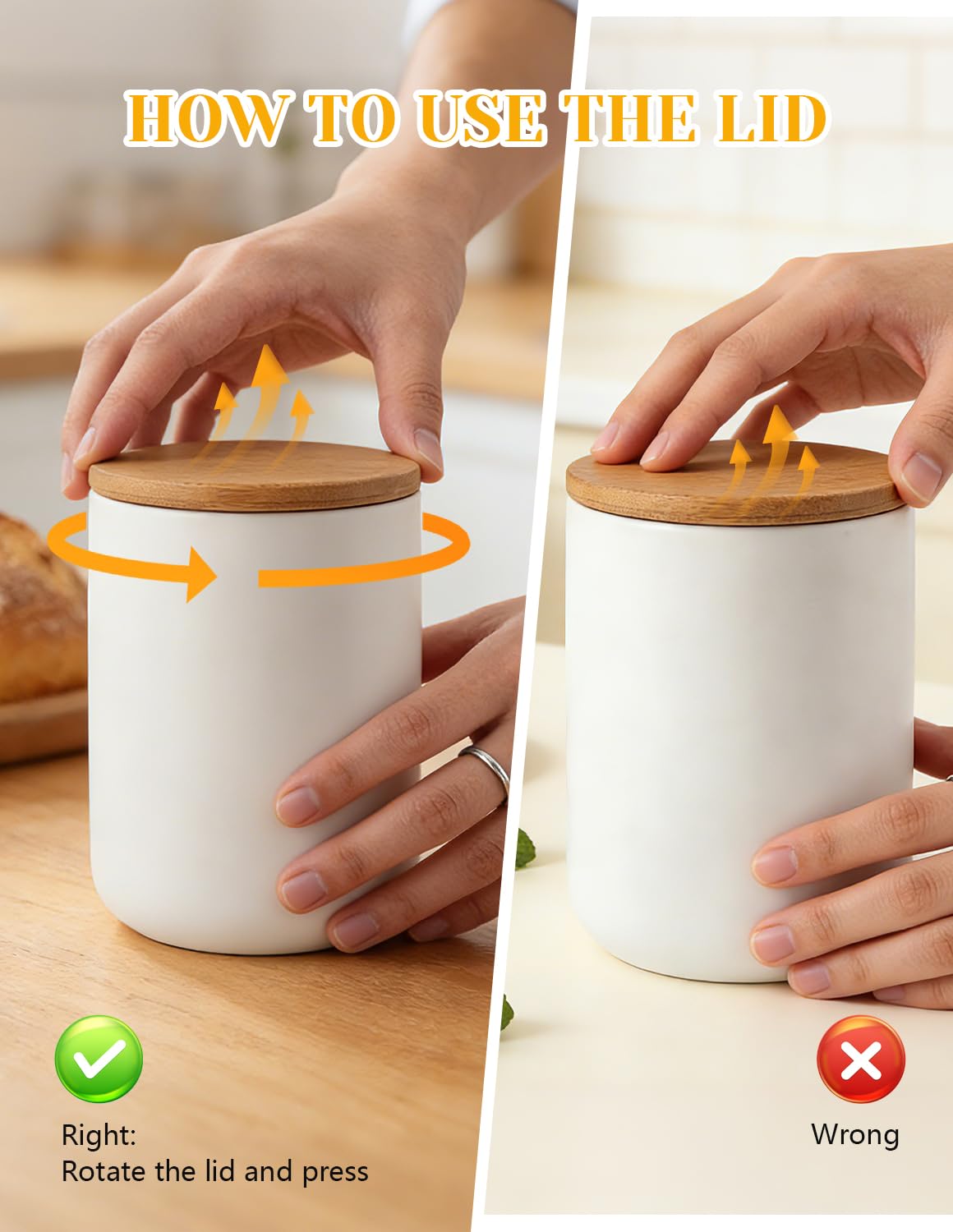 YYW Ceramics Food Storage Jar Canister with Airtight Seal Bamboo Lid, Simple Style Kitchen Canister for Food Storage, Store Coffee, Sugar, Tea, Spices and More (White (8.79oz/260ml))