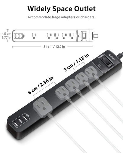2 Pack Power Strip Surge Protector - 5 Widely Spaced Outlets 3 USB Charging Ports, 1875W/15A 6Ft Braided Extension Cord, Flat Plug Overload Protection, Wall Mount for Home Office Dorm Room Essentials
