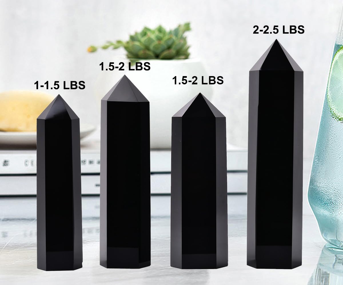 MOGEMT Large Black Obsidian Crystal Tower Natural Healing Crystal Point Wand Obelisk 6 Faceted Reiki Chakra Meditation Therapy Home Decor Gift 1.5-2 LBS