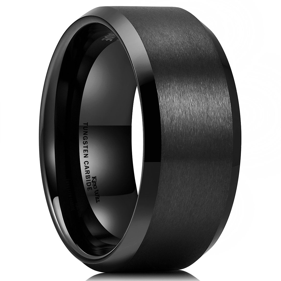 King Will 10mm Men's Black Wedding Ring - Brushed Matte Surface, Beveled Polished Edge, Comfort Fit Size 15