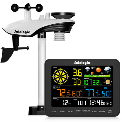 Sainlogic 12-in-1 Weather Station Wireless SA6, Weather Station with Rain Gauge, Wind Speed, Weather Forecast, Air Pressure, Humidity, Alarm Clock(No WiFi)