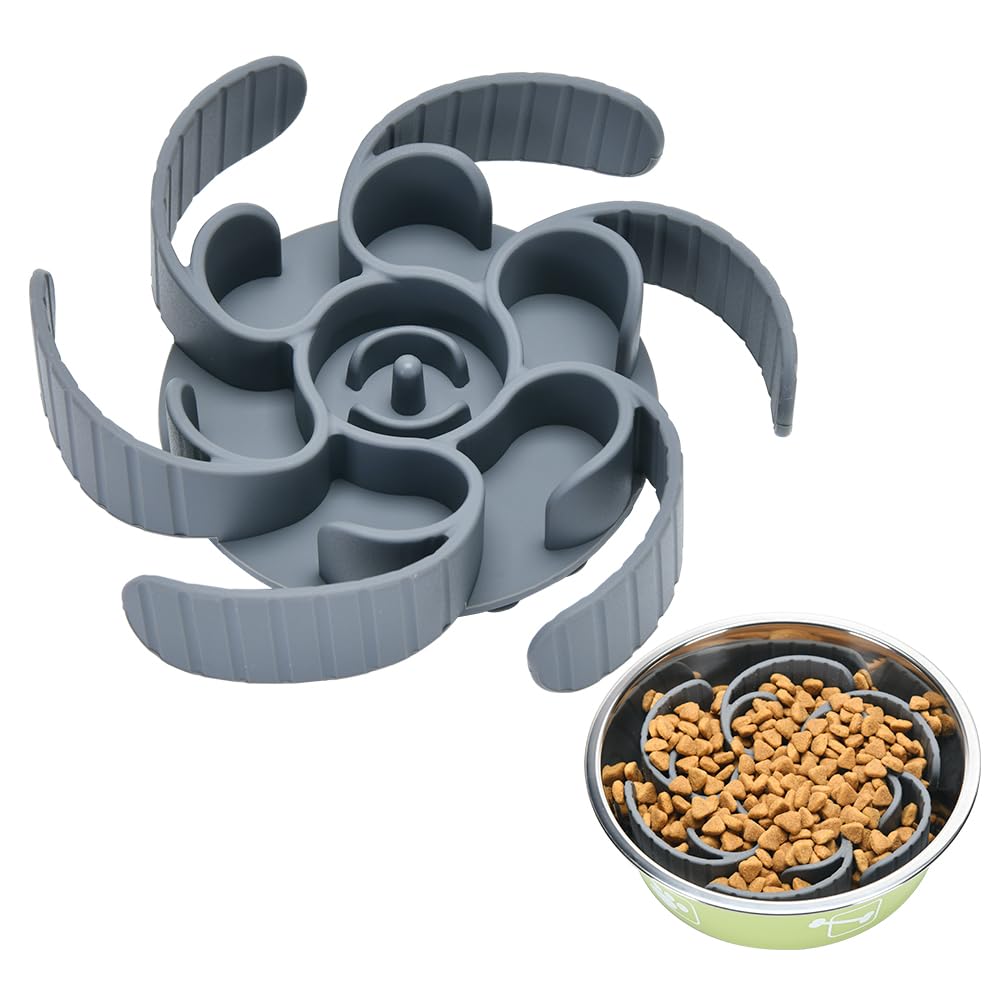 Slow Feeder Dog Bowls Insert,Third Generation upgradedSuper Firm Eating Bowl（Cuttable） for Large Breed and Medium Small Size Compatible with Regular Elevated Metal Glass Dog Bowl (Gray) (Grey)