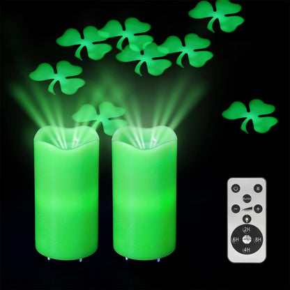 XingsLight St Patricks Day Decorations Flameless Candles with Lucky Clover Projector, Green LED Candle with Remote and Timer,2 Pack