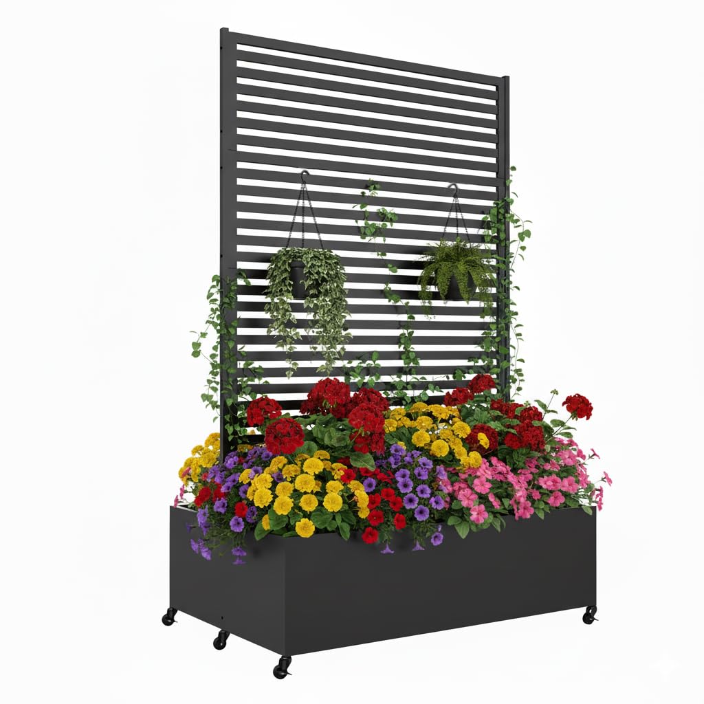 Sunnibety Double Metal Planter Box with Trellis Privacy Screen, Raised Garden Bed with Trellis & Wheels, Planter Box Outdoor with Drainage Holes for Climbing Plants, Vines,73"x 47"x 30", Black