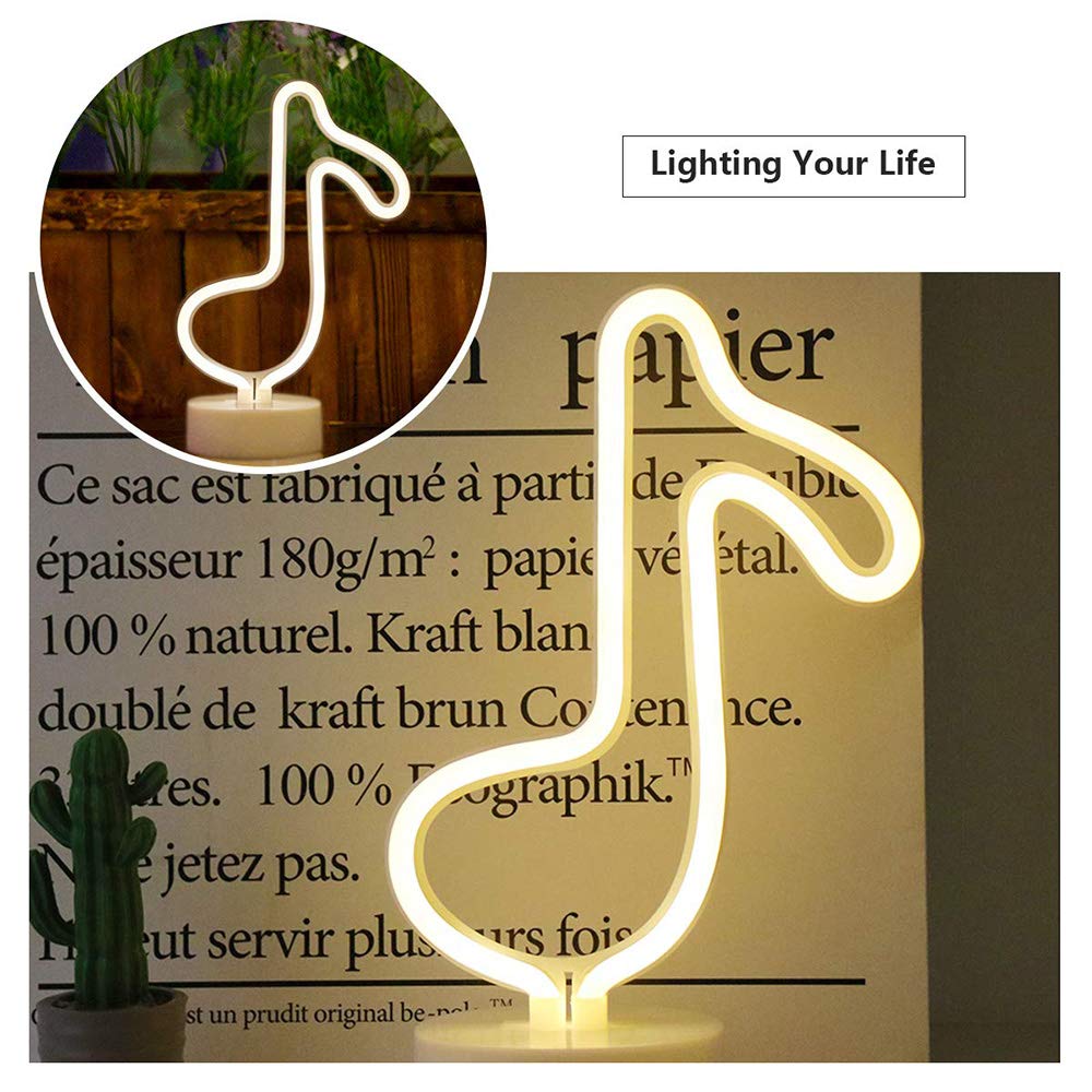 ENUOLI Music Notes Neon Lights with Base Warm White Decor Neon Sign Led Music Notes Night Light Wall Table Decor Battery Operated Creative Lighting Lamp Home Decoration Party Best Gift for Kids