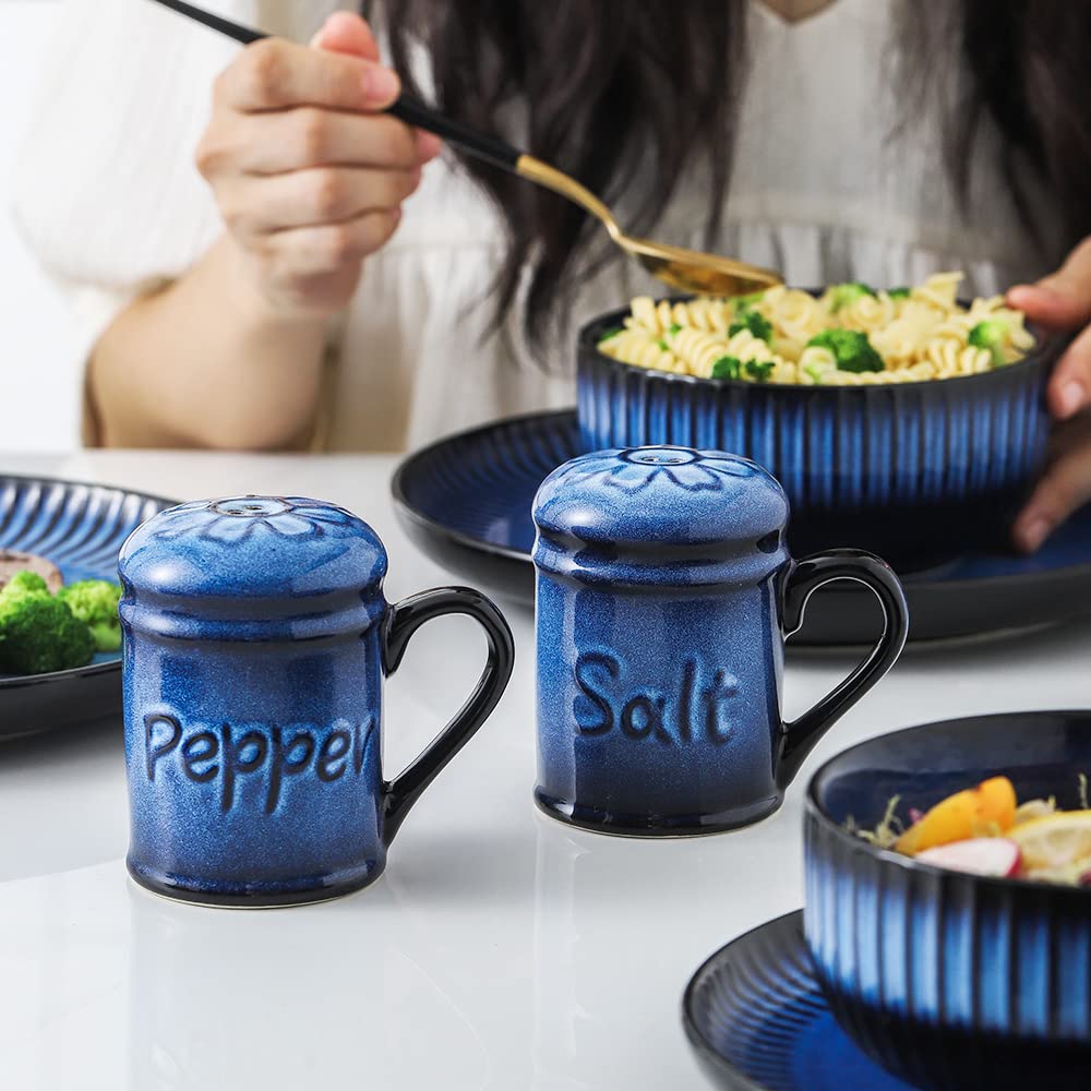 Nihow Ceramic Salt and Pepper Shakers Set & Pot Lid Holder: Heat Resistant & Dishwasher Safe Salt Shaker with Handle & Pan Lid Holder for Kitchen Counter Decor/Countertop - Elegant Black & Blue