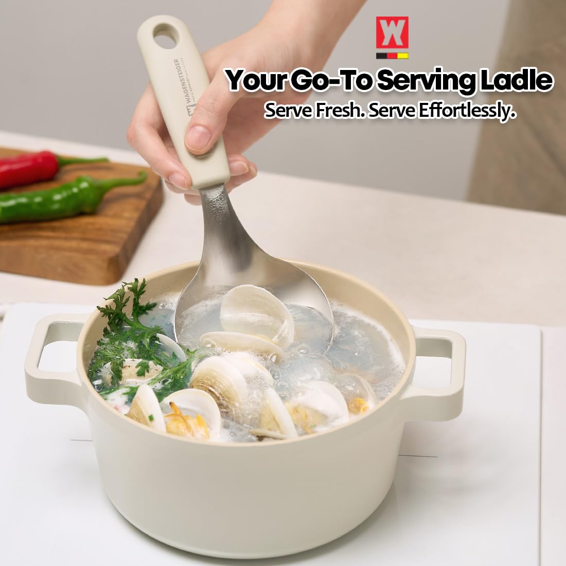 Short Stainless Steel Ladle 220mm (8.6”) – SUS304 Thick Deep Bowl Head with Soft-Grip Silicone Handle – Lightweight Mini Soup & Serving Spoon for Cooking – 5 Color Options (Ivory)