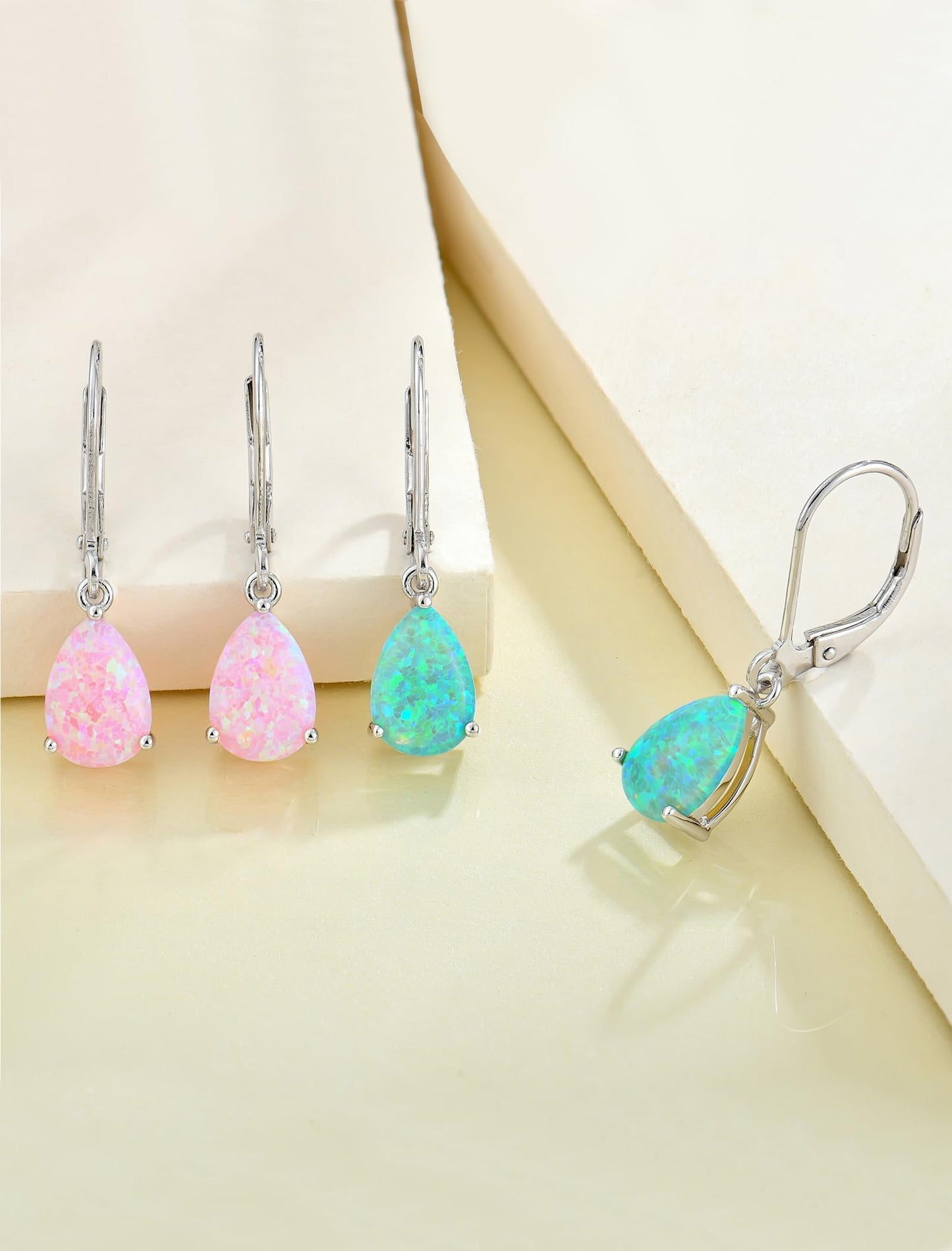 YL 925 Sterling Silver Teardrop Dangle Drop Earrings for Women 7x10 MM Solitaire Pink Created Opal Leverback Jewelry
